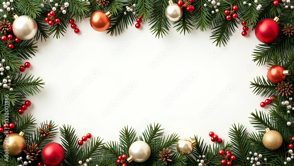 Festive Christmas border frame with ornaments and copy space for holiday greetings concept as Joyful scene with Christmas ornaments and decorations framing central copy area in Photo Stock Concept Festive Christmas border frame with ornaments and copy space for holiday greetings concept as Joyful scene with Christmas ornaments and decorations framing central copy area in Photo Stock Concept