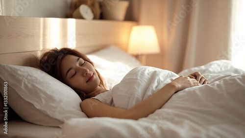Woman peacefully sleeping in a comfortable bed with soft white linens in a bright, sunlit bedroom.