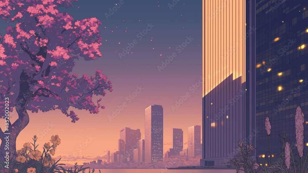 Fototapeta premium 花々が咲き誇る都会の夕暮れ|ネオンと高層ビルの幻想的な景観|ピンクとブルーに染まるロマンチックな空|近未来都市のスカイラインと自然の融合|静寂に包まれた夕焼けの都会|幻想的な夜の始まりと美しい都市風景