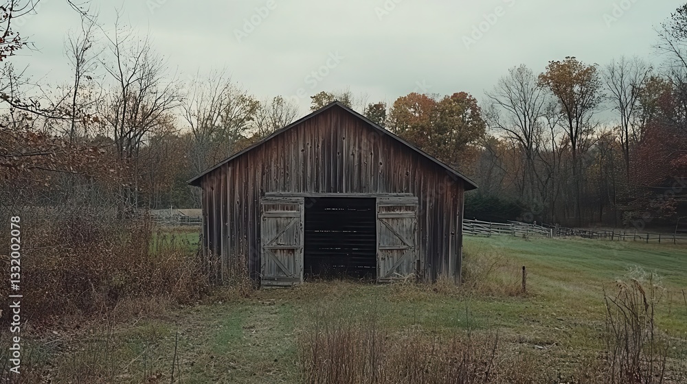 An aged wooden barn stands in a field with nature around it An aged wooden barn stands in a field with nature around it