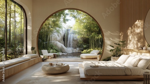 A modern bedroom with views of a tranquil waterfall landscape