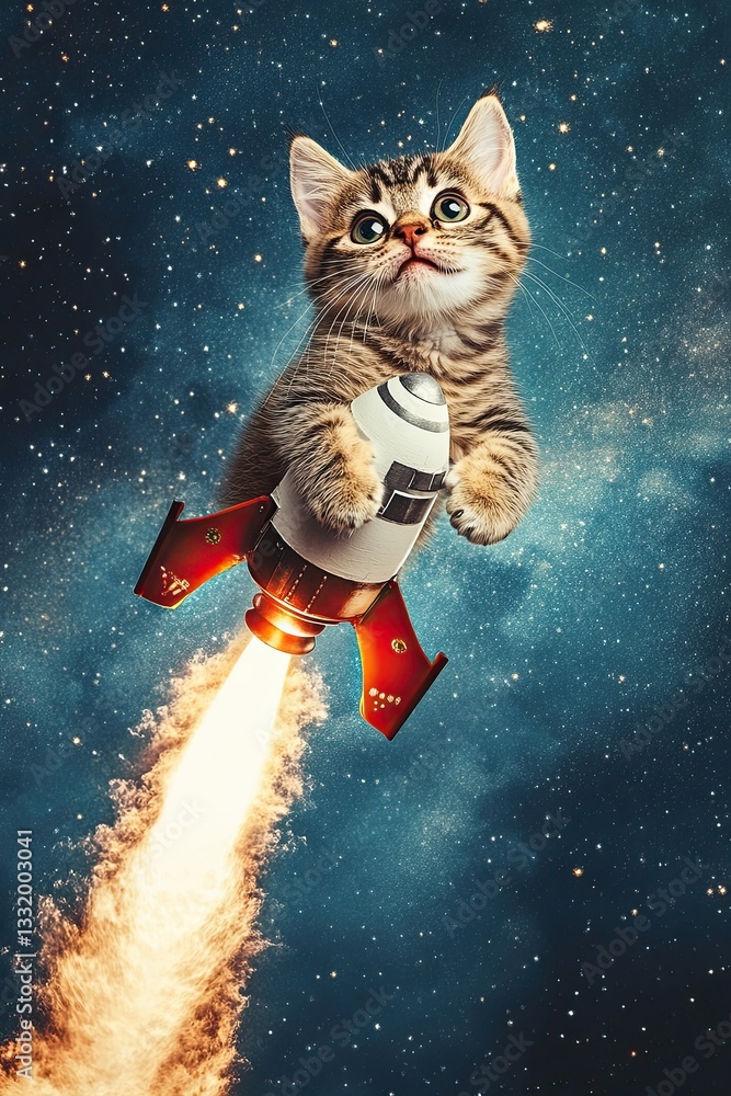 Fototapeta premium Cute cat riding a rocket with fiery thrusters soaring through a glowing cosmic galaxy filled with stars and nebula