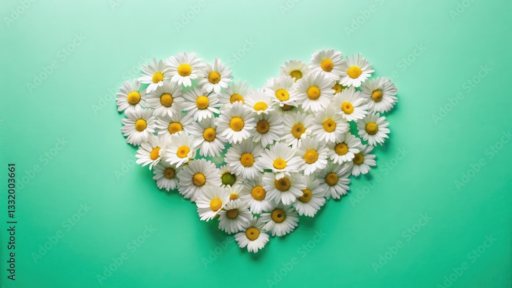 Obraz premium Delicate daisies bloom on a mint green backdrop, a minimalist Valentine's Day floral image.