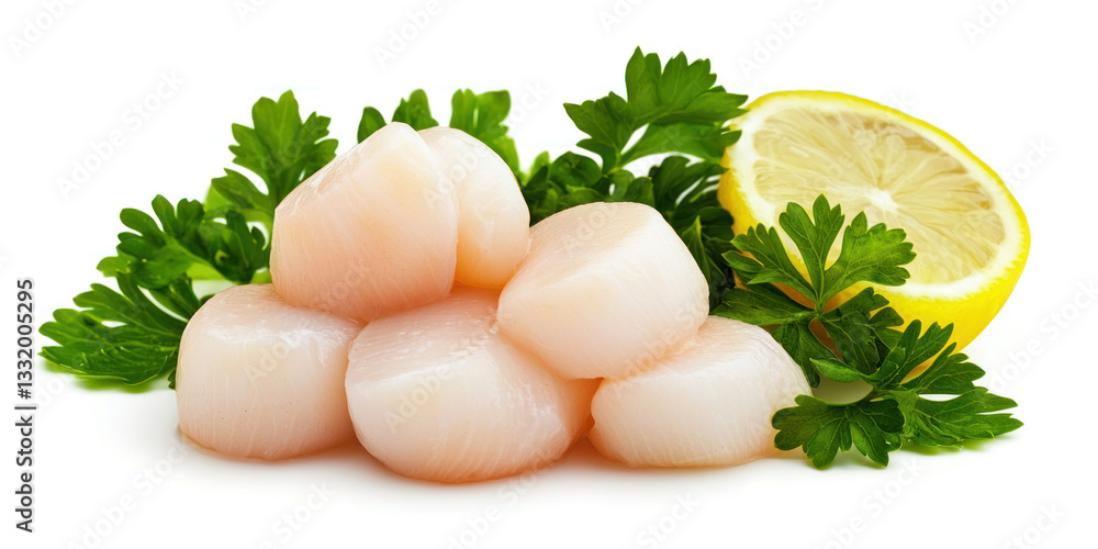 Scallops with parsley and lemon on white background. Fresh and appetizing Scallops with parsley and lemon on white background. Fresh and appetizing