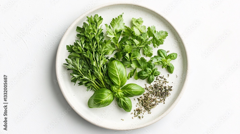 Fresh green herbs arranged on a circular white ceramic plate Fresh green herbs arranged on a circular white ceramic plate
