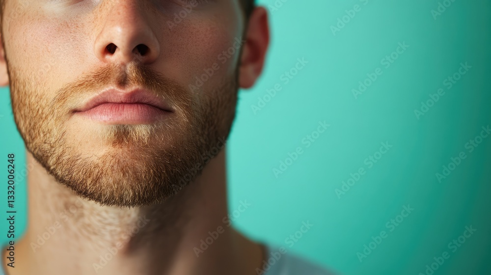 Obraz premium Close-up of a man on a green background featuring a blue comment mark.