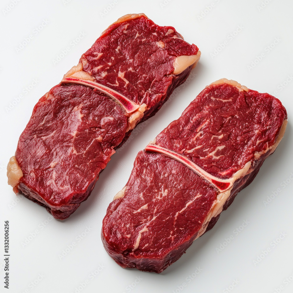 Fototapeta premium Two raw venison steaks on white background, showcasing marbling