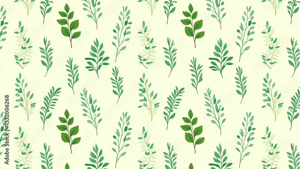 Fresh Summer Leaves Seamless Pattern: Ivy and Ferns for Natural Green Interiors - Perfect for Summer-Themed Decor with Space for Customization Fresh Summer Leaves Seamless Pattern: Ivy and Ferns for Natural Green Interiors - Perfect for Summer-Themed Decor with Space for Customization