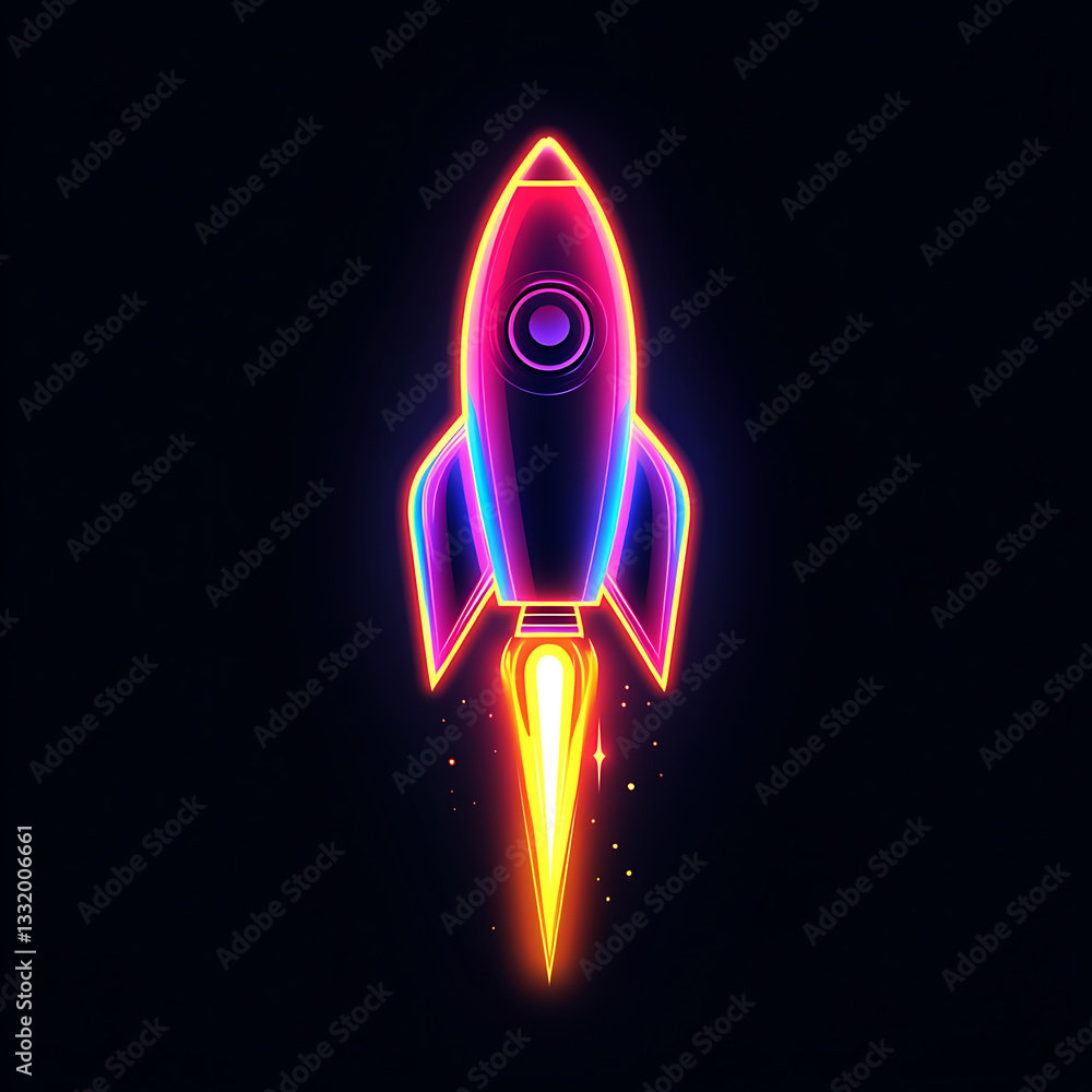 Colorful neon rocket launching against a dark background, showcasing vibrant glow and dynamic energy of space exploration