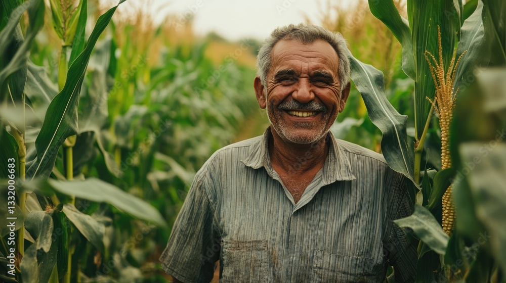 Elderly farmer's joyful expression in a corn field reflects experience, dedication, and fulfillment in agriculture. Elderly farmer's joyful expression in a corn field reflects experience, dedication, and fulfillment in agriculture.