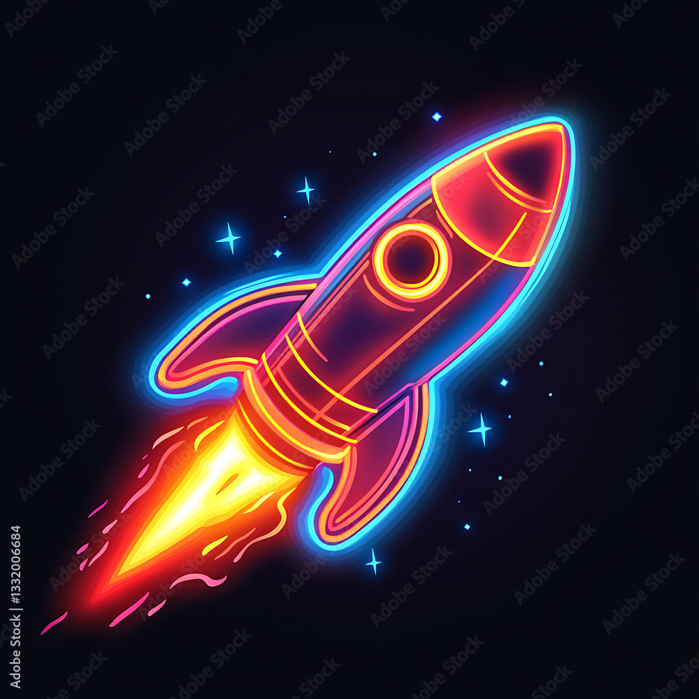Colorful neon rocket launching against a dark background, showcasing vibrant glow and dynamic energy of space exploration
