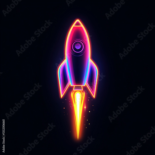 Obraz na płótnie Colorful neon rocket launching against a dark background, showcasing vibrant glow and dynamic energy of space exploration w salonie