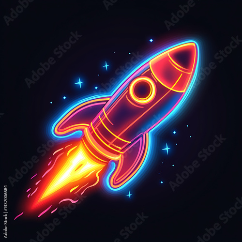 Obraz na płótnie Colorful neon rocket launching against a dark background, showcasing vibrant glow and dynamic energy of space exploration w salonie