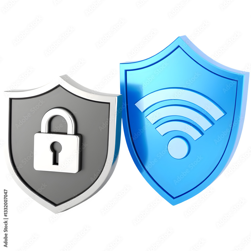 Two shields representing cybersecurity, one with a lock symbol and the other depicting a Wi-Fi signal. Two shields representing cybersecurity, one with a lock symbol and the other depicting a Wi-Fi signal.