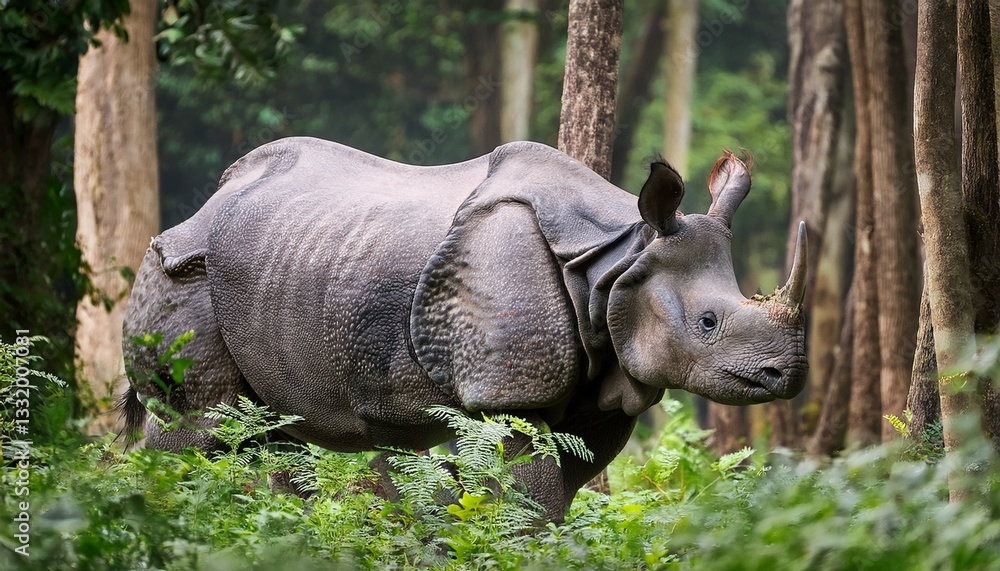 Fototapeta premium Illustration of an Indian rhinoceros with a single horn walking along the taiga edge. Massive, armored herbivore in natural habitat, surrounded by sparse trees and soft wilderness light.