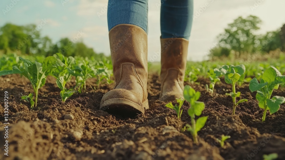 Female farmer in boots inspects soil quality. Agronomist evaluates the development of new seedlings. Themes of gardening and ecology. Female farmer in boots inspects soil quality. Agronomist evaluates the development of new seedlings. Themes of gardening and ecology.
