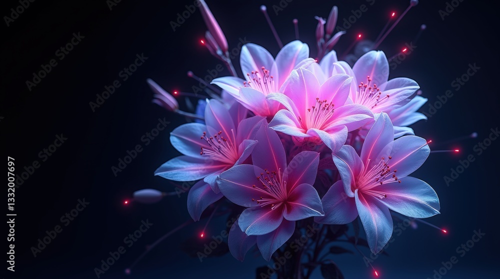 Obraz premium Mother's Day, Valentine's day floating holographic bouquet made of translucent roses and lilies, shimmering in shifting shades of purple, blue, and pink