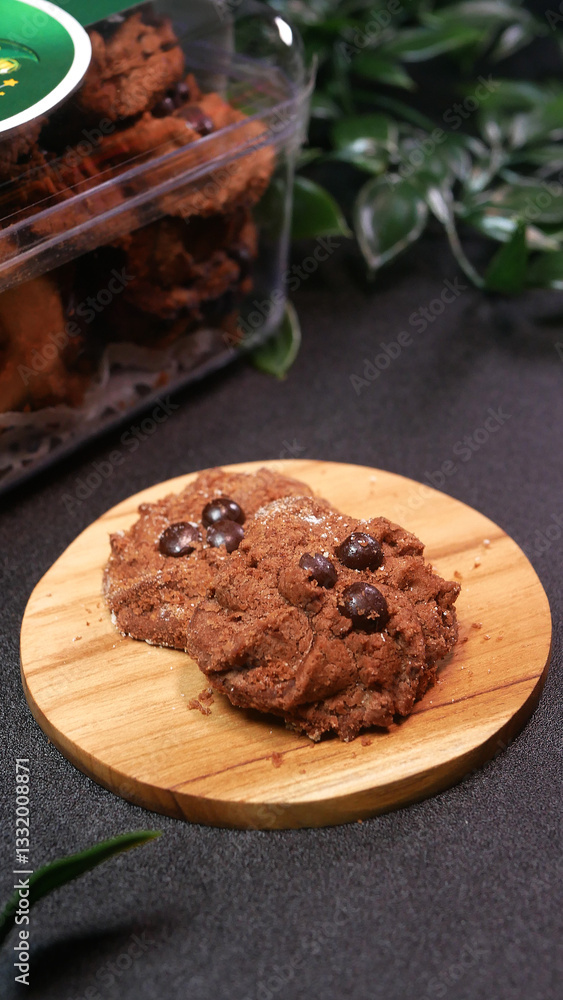 Fototapeta premium Clear plastic jars containing chocolate cookies with green stickers typical of Eid al-Fitr, several cookies on wooden stands, with artificial leaf decorations creating a festive Eid atmosphere.