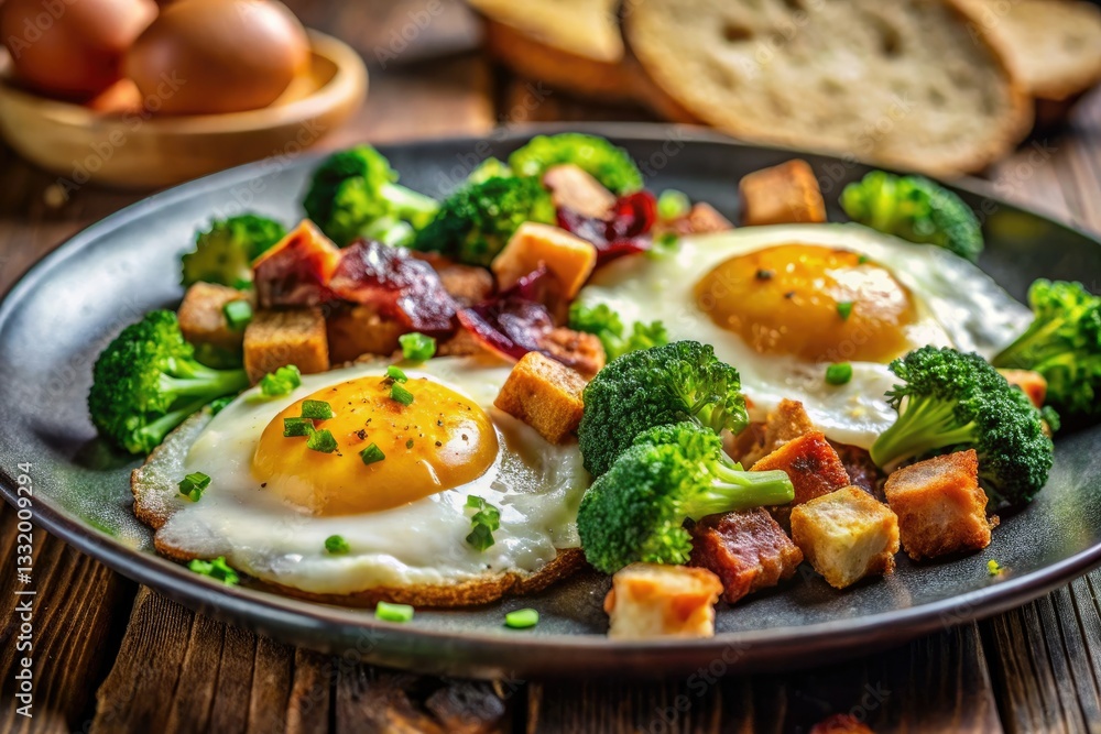 Fried eggs, bacon, broccoli, and croutons: a breakfast symphony captured in a stunning long-exposure photograph. Fried eggs, bacon, broccoli, and croutons: a breakfast symphony captured in a stunning long-exposure photograph.