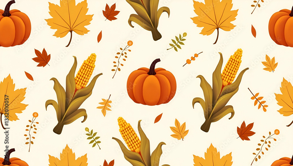 Fototapeta premium Cozy Autumn Harvest Pattern: Corn Stalks, Pumpkins & Fall Leaves