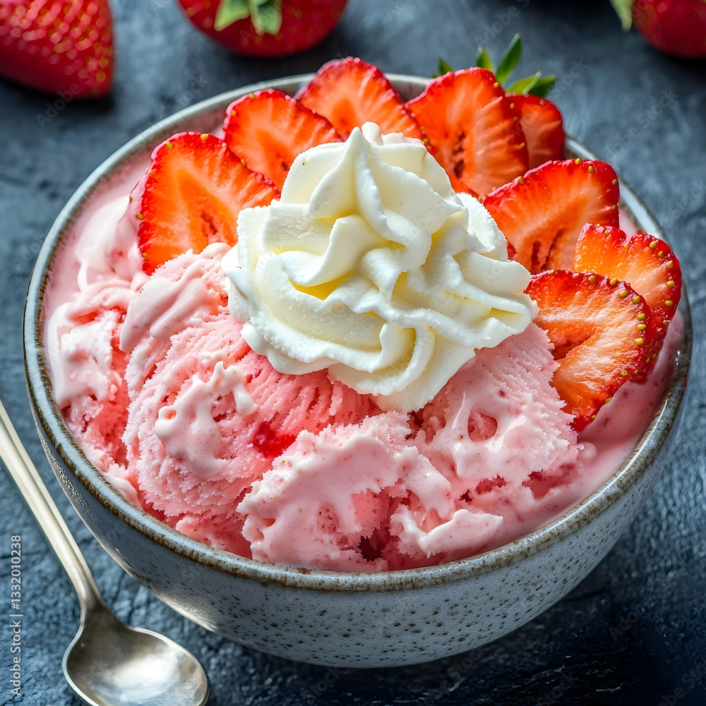 Delicious strawberry ice cream with whipped cream and fresh strawberries in a bowl, perfect for summer dessert menus Delicious strawberry ice cream with whipped cream and fresh strawberries in a bowl, perfect for summer dessert menus