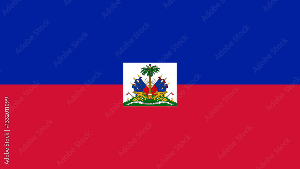 Naklejka premium National flag of Haiti displayed proudly against a clear blue sky in a vibrant outdoor setting