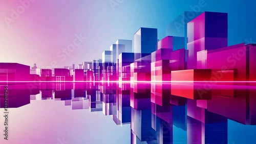 Vibrant Digital Cityscape with Colorful Geometric Shapes and Reflections Creates Futuristic Atmosphere, Abstract Design Features Blend of Pink, Blue, and Purple Hues, Evoking Sense of Modernity and