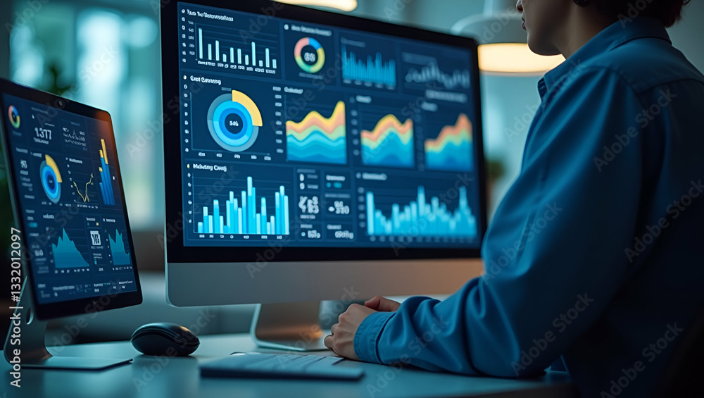 Fototapeta premium Flat Analyst on PC Analyzing Business Metrics Dashboard for Operations Management Insights
