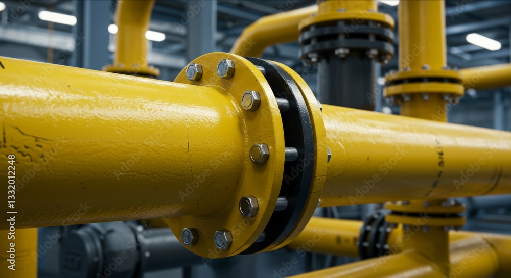 Yellow pipeline with black flange joint in industrial setting. Yellow pipeline with black flange joint in industrial setting.