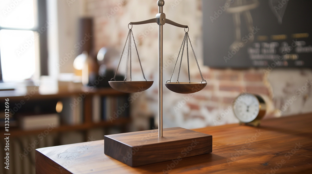 Balanced Scale of Justice on Wooden Desk with Blurred Courtroom Background Symbolizing Fairness and Impartiality Balanced Scale of Justice on Wooden Desk with Blurred Courtroom Background Symbolizing Fairness and Impartiality