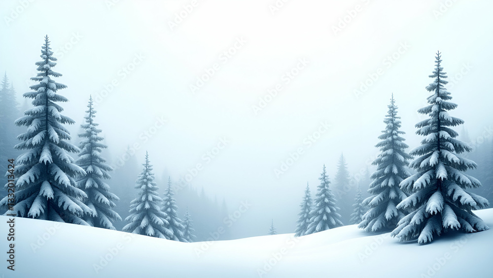 Naklejka premium Quiet Winter Snow Pattern with Frosted Pine Trees & Soft Snowflakes for Peaceful Forest Scene