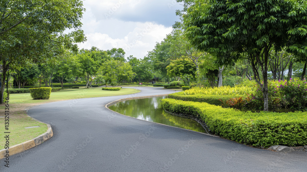 serene asphalt road winding through lush greenery and trees, creating peaceful atmosphere serene asphalt road winding through lush greenery and trees, creating peaceful atmosphere