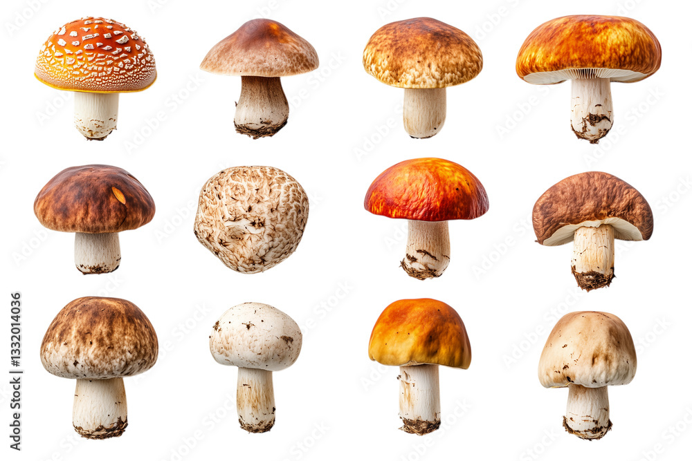 Collection of various mushrooms isolated on transparent background Collection of various mushrooms isolated on transparent background