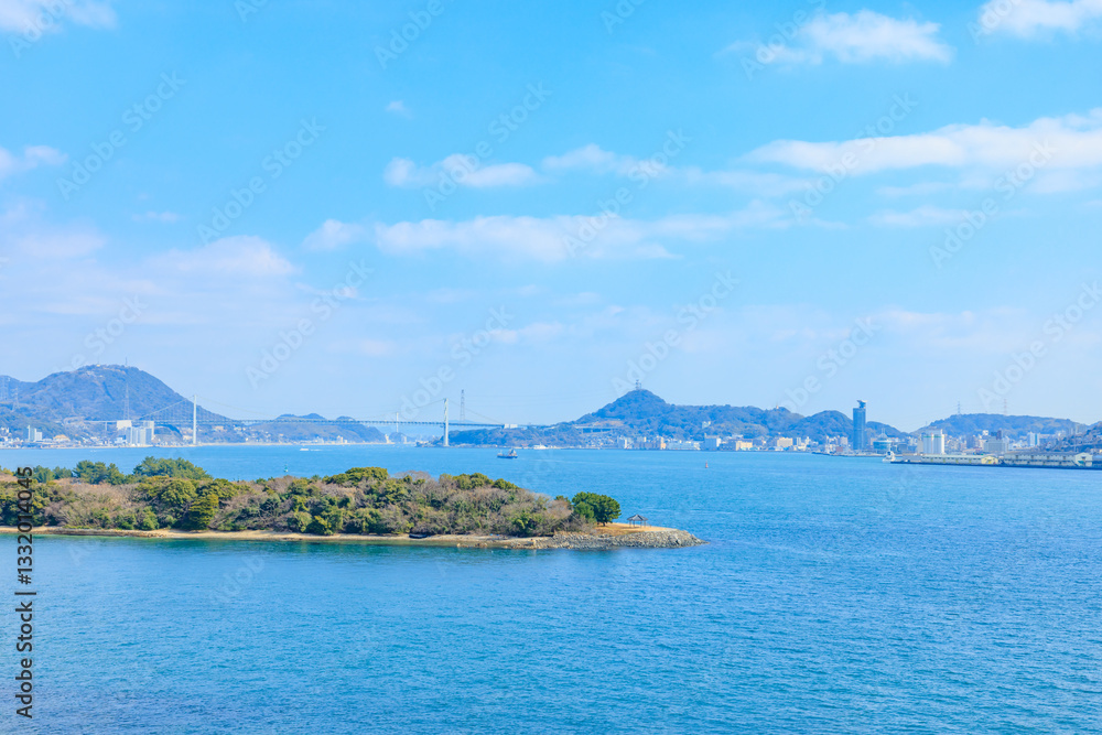 春の弟子待の巌流島展望台から見た景色 山口県下関市 The view from the Ganryujima Observatory in Teshimachi in spring. Yamaguchi Pref, Shimonoseki City. 春の弟子待の巌流島展望台から見た景色 山口県下関市 The view from the Ganryujima Observatory in Teshimachi in spring. Yamaguchi Pref, Shimonoseki City.