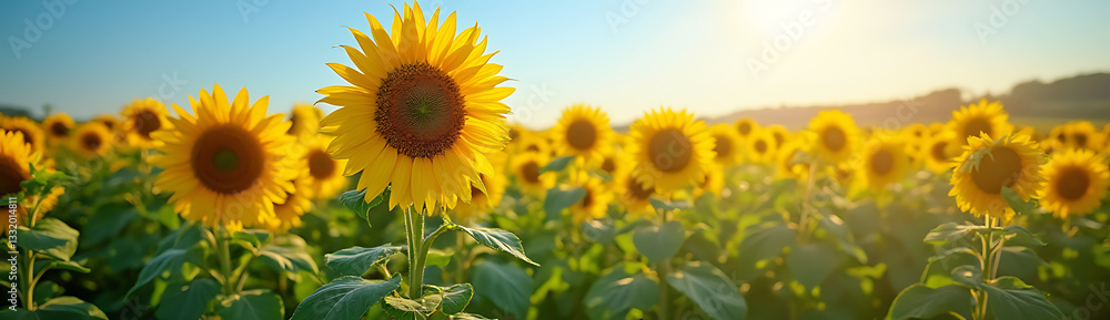 Field of Blooming Sunflowers with Golden Petals and Green Leaves Under a Clear Blue Sky Field of Blooming Sunflowers with Golden Petals and Green Leaves Under a Clear Blue Sky