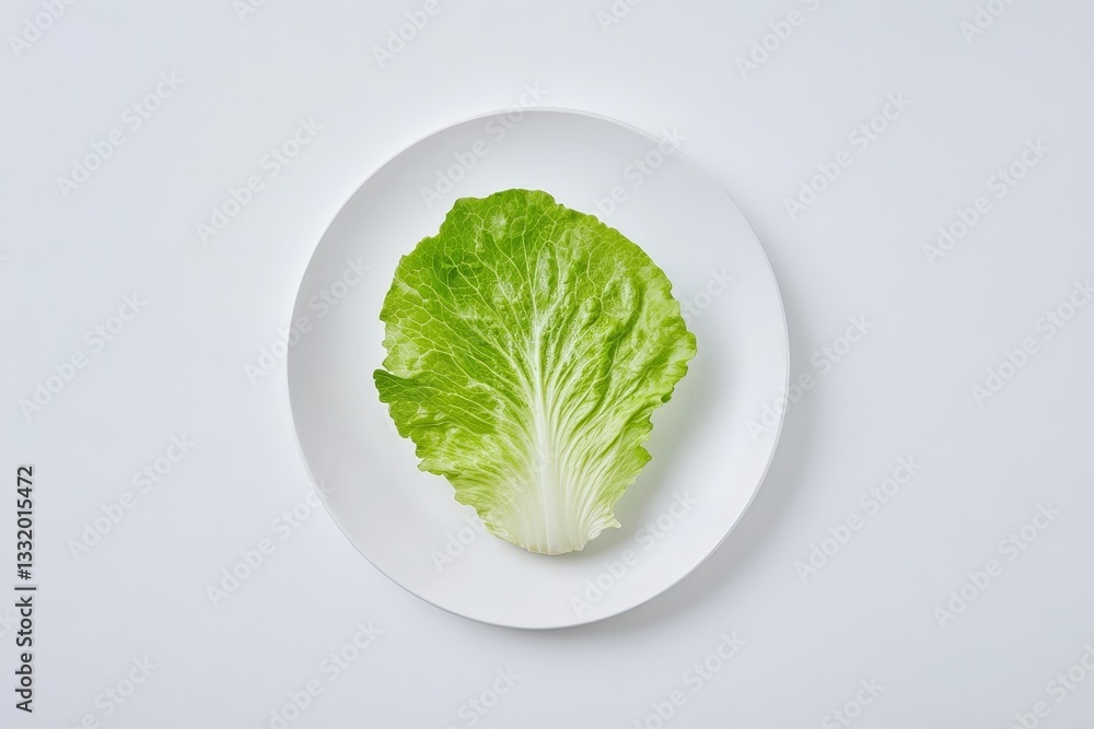 A fresh green lettuce leaf resting on a white plate against a minimalistic background.