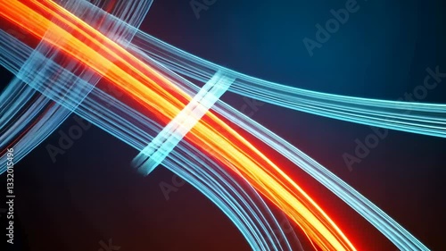 Dynamic abstract vdo featuring intersecting red and blue light trails on dark background, creating vibrant and energetic visual effect, with sense of motion and energy.