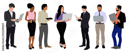 Business people working at laptop. Different men and women wearing smart casual, formal office outfits standing, looking at computer. Vector realistic illustration isolated 