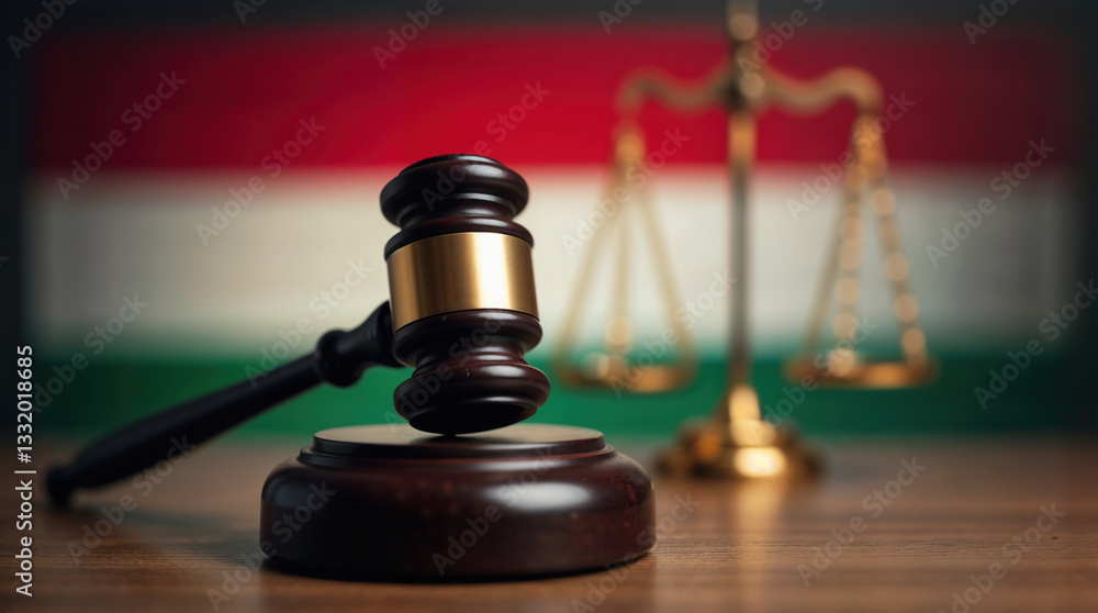 Courtroom justice symbol with gavel and Hungary’s national flag Courtroom justice symbol with gavel and Hungary’s national flag