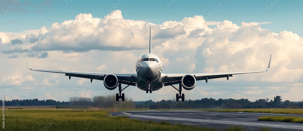 Naklejka premium airplane takeoff green runway cloudy day travel