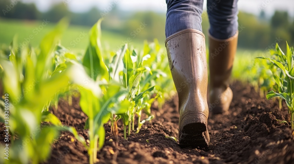 Fototapeta premium Farmer walking through young corn plants in a field. Agricultural lifestyle and business concept. Close-up of a farmer's legs in rubber boots walking on corn sprouts.