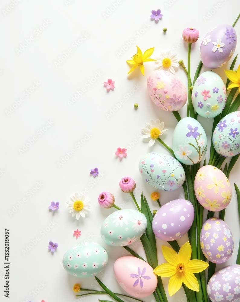 Fototapeta premium colorful easter eggs decorated with floral patterns among spring flowers and greenery
