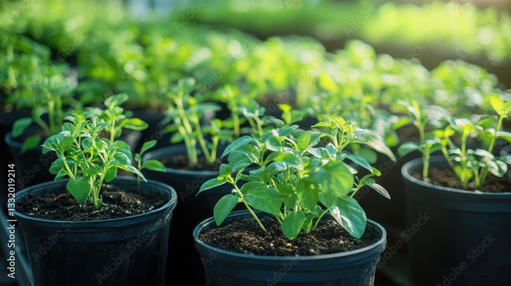 Gardening concept featuring several green plants repotted into larger containers to promote their growth. Gardening concept featuring several green plants repotted into larger containers to promote their growth.