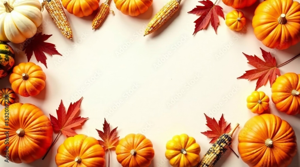 Autumnal Harvest Frame with Pumpkins, Corn, and Maple Leaves A Festive Fall Background Autumnal Harvest Frame with Pumpkins, Corn, and Maple Leaves A Festive Fall Background
