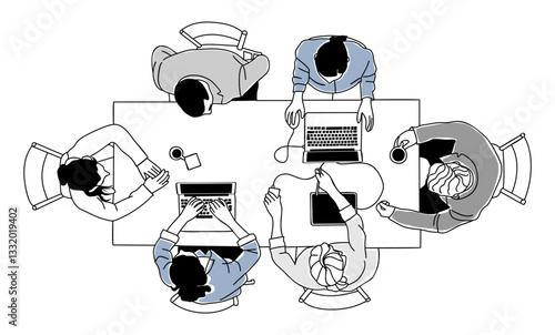 Team work business scene top view illustration. Set of diverse men and women working together, taking part in meeting, brainstorming. Modern vector simple outline drawing isolated