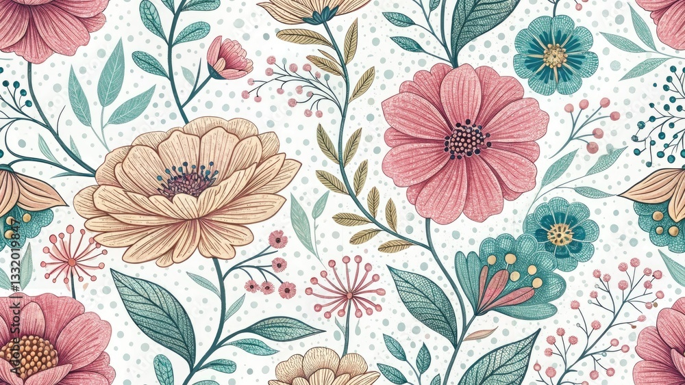 custom made wallpaper toronto digitalPanoramic Flower Doodle Pattern Wallpaper, Seamless Floral Design, Repeating Botanical Illustration, Pretty Spring Background