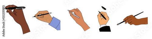 Set of Different multiracial Hands with writing, drawing and painting tools. Colorful outline vector illustrations of human hands with pen, pencil, brush. Hand drawn icons isolated