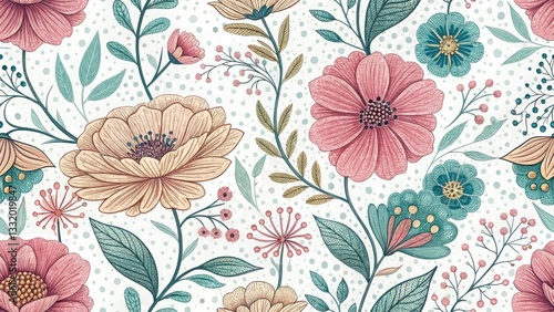 Wallpaper Mural Panoramic Flower Doodle Pattern Wallpaper, Seamless Floral Design, Repeating Botanical Illustration, Pretty Spring Background Torontodigital.ca