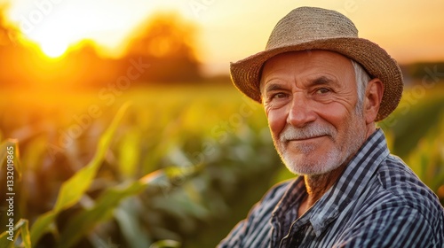 Senior farmer in a corn field gazing at the camera during sunset.