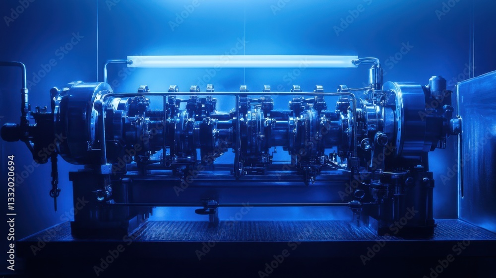 Fototapeta premium A steam-powered factory machine with complex valves and pipes, set against a deep blue background